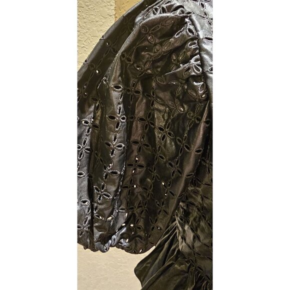 English Factory Black Faux Leather Peplum Top W/ Puff Sleeves & Eyelet Detail - Picture 7 of 9